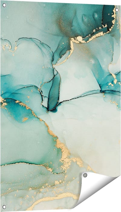 Gards Tuinposter Abstracte Kunst - Blauwe Marmer met Goud - 60x90 cm - Tuindoek - Tuindecoratie - Wanddecoratie buiten - Tuinschilderij