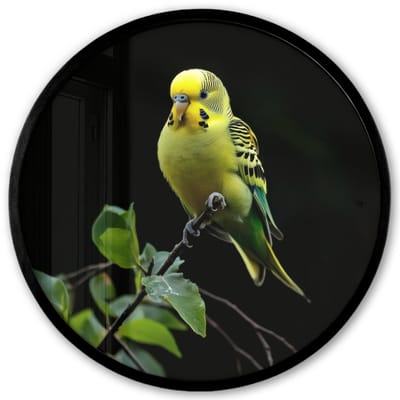 Poster in lijst Rond - Fotolijst 40x40 cm - Posters - Parkiet - Tak - Bladeren - Geel - Ronde posterlijst zwart - Decoratie - Wanddecoratie woonkamer - Muurdecoratie slaapkamer
