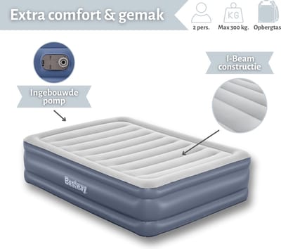 Bestway luchtbed - 2-Persoons - 152x203x51 cm (BxLxH) - Grijs - Met ingebouwde elektrische pomp - Inclusief opbergtas