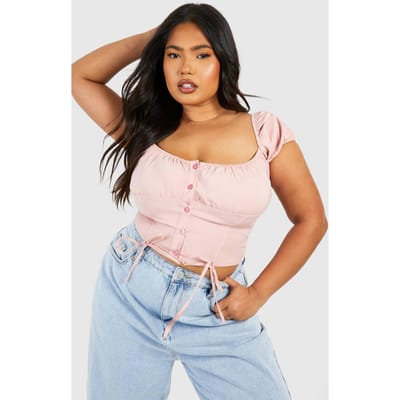 boohoo Dames Plus Milkmaid Pofmouw Bengaline Korset Top | Roos | Maat: 56
