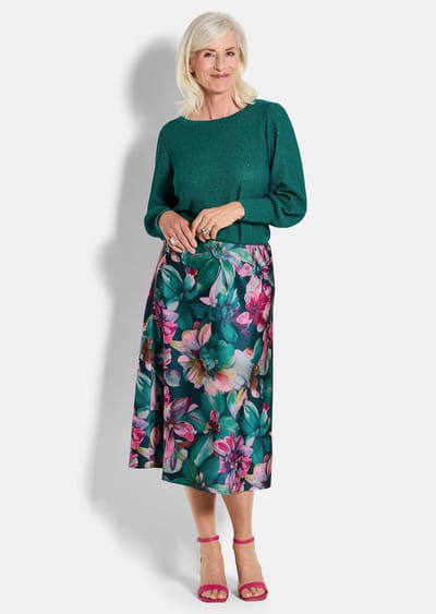 Satijnen rok met bloemenmotief - smaragd / gedess. - Gr. 19 van Goldner Fashion