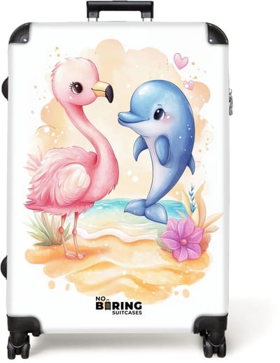 NoBoringSuitcases.com® - Koffer groot - Reiskoffer lichtgewicht - Roze flamingo en blauwe dolfijn op een strand - Rolkoffer met 4 wielen - Grote trolley XL - 98 liter bagage