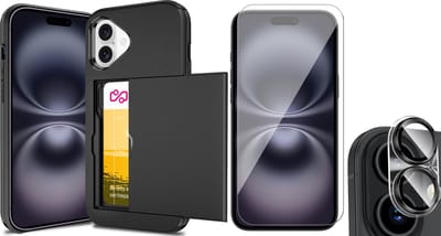 Hoesje met Pasjeshouder geschikt voor iPhone 16 - Screenprotector GlassGuard & Camera Lens Screen Protector - Back Cover SlideCase Zwart