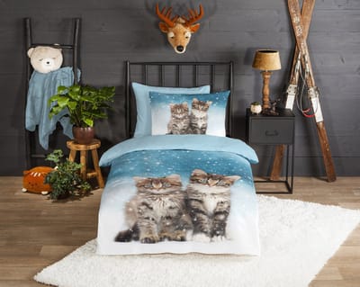 Good Morning dekbedovertrek poezen - 1 persoons 140x200/220 cm - Blauw - 100% Katoen flanel