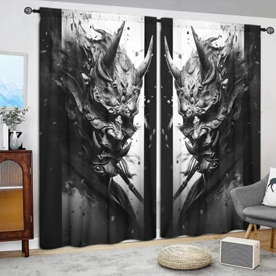 2 stuks Angstaanjagend Prajna Masker Bedrukt Gordijn voor Huisdecoratie - Tunnel voor Roede Raambekleding voor Slaapkamer, Kantoor, Keuken 52.5cmX116cm X 2pcs gray