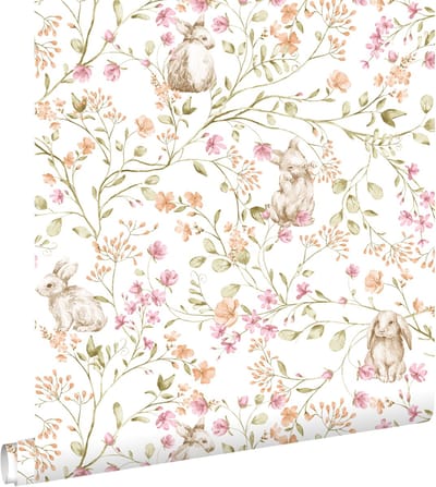 ESTAhome behang toile de jouy konijnen groen, roze en oranje - 0.53 x 10.05 m - 131705