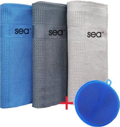 SEA® | Blauwe Serie | Microvezeldoekjes | Schoonmaakdoeken | Autodoeken | Microvezel | Microvezeldoeken | Schoonmaakdoekjes | 40x60cm | 1x3 Stuks + Siliconen Schoonmaakspon