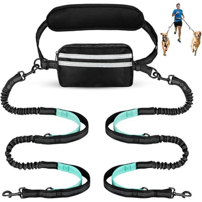 Laisse double mains libres pour chiens avec pochette pour chiens moyens et grands - Laisse bandoulière et taille pour la promenade des chiens - Sans traction, sans nœuds noir