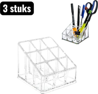 3 stuks - Make-up organizers - Opbergdoos - Penhouder - Opbergdozen - Doorzichtige Lipstick Organizer - 9 Vakjes Make-up Opbergdoos voor Lippenstiften en Gloss - Transparante Cosmetische Opbergbox - 10x9x6.5cm - Transparante kleur
