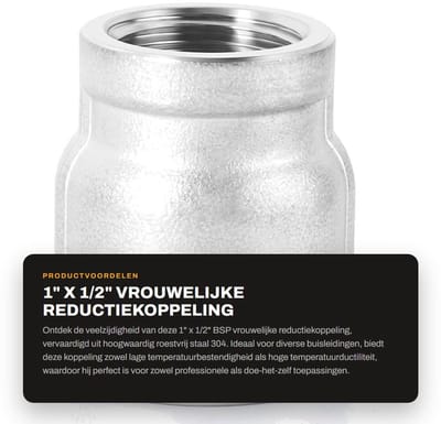 Dailygoods- Reductiekoppeling 1" x 1/2" BSP - Roestvrij Staal 304 - Waterbuisfitting - Hoge Temperatuurductiliteit - Lage Magnetische Doorlaatbaarheid - Nauwkeurige Schroefdraad - Buisfitting