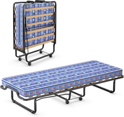 COSTWAY 80 x 200 cm, logeerbed, inklapbaar, met matras van traagschuim, klapbed met stevig stalen frame, tot 120 kg, metalen bed op wielen, voor logeerkamer, camping, blauw