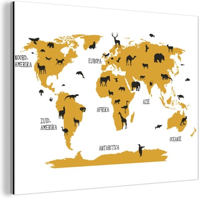 Aluminium schilderij 160x120 cm - Wanddecoratie metaal - Wereldkaart kinderen - Dieren - Bruin - Metalen muurdecoratie woonkamer - Decoratie industrieel - Foto op dibond - Industriële accessoires slaapkamer