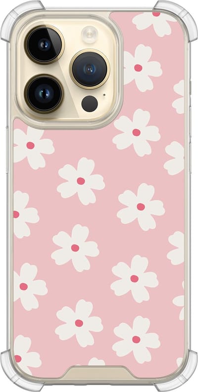 Shockproof hoesje - Geschikt voor iPhone 14 Pro - Roze retro bloempjes - Extra sterke case - TPU/polycarbonaat - Bloemen - Roze, Transparant