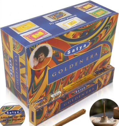 Satya Golden Era Wierookstokjes - Grootverpakking 12 x 15g (180 gram) - Authentieke Indiase Handgerolde Wierook - Voordeelverpakking - Golden Era Geurstokjes voor Ontspanning en Meditatie met Kajal Sticker
