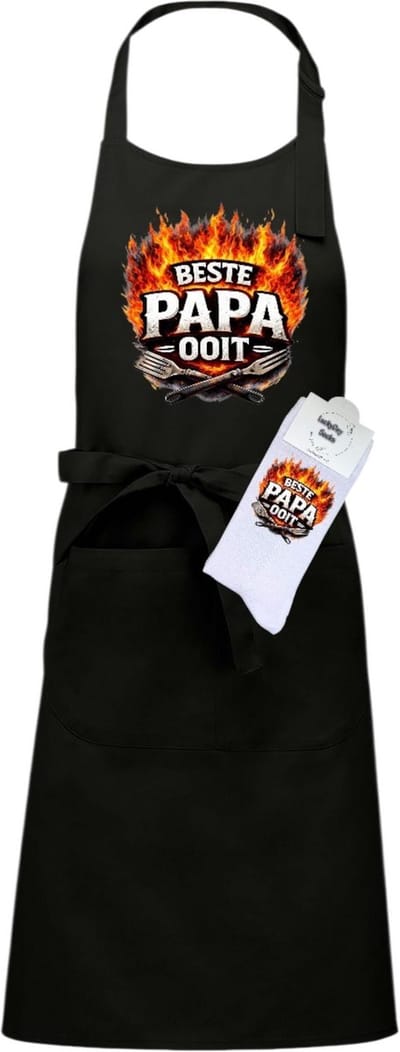 Keukenschort en sokken met tekst - Giftset - Beste papa ooit - Vaderdag cadeau - Moederdag cadeau - Zwart - Verstelbaar - Cadeau idee - Verjaardag - Cadeau dames en heren - Jubileum - Afscheid - Verrassing - Grappig cadeau - Onesize