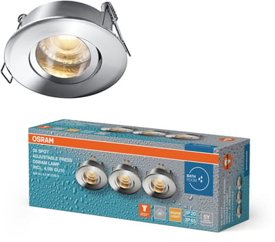 OSRAM Spot Set LED inbouwspot IP65 Press 4,5W Chroom, 320lm 2700K Warm Wit, CRI≥80, geschikt voor vochtige ruimtes, set van 3