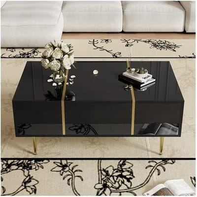 Glanzende salontafel met 2 lades, metalen poten, modern en eenvoudig, woonkamertafel, zwarte balkon-bijzettafel