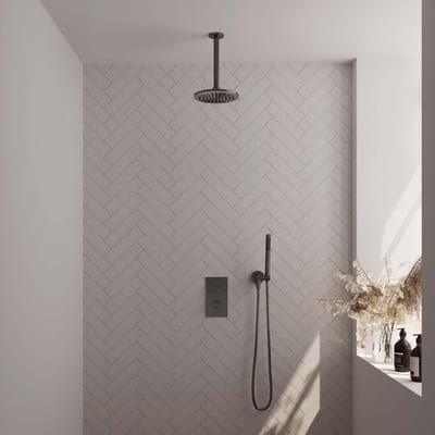 Brauer Gunmetal Edition thermostatische inbouw regendouche 3-weg omstelling SET 29 met 20 cm douchekop en plafondarm en staaf handdouche en doucheslang en wandaansluitbocht gunmetal geborsteld PVD