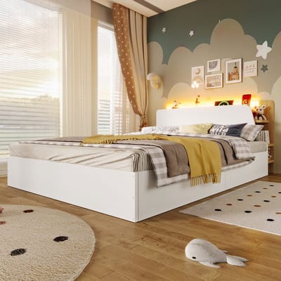 OKWISH Paneelbed 140x200cm – Met Hydraulische Opbergruimte En Ledverlichting – Met Usb En Type C Laadpunten – Zonder Matras – Kinderkamer – Grenenhout – Wit Naturel