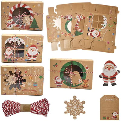 Dailygoods - Airssory 12 stuks 4 Stijlen Geschenkdoos Set Kerst Kraft Papier Geschenkdoos Peperkoek Snoep Dozen met Venster voor Xmas Party Gift Wrapping - 20.5x14x6cm