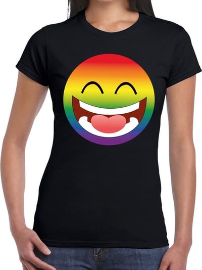 Gay pride smile lachend in regenboog kleuren t-shirt zwart voor dames - lgbt kleding XS