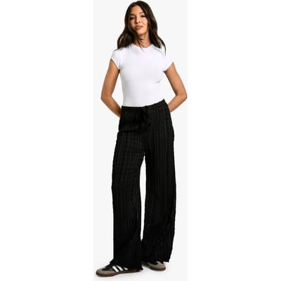 boohoo Dames Trekkoord-broek met gerimpelde textuur | Zwart | Maat: 34