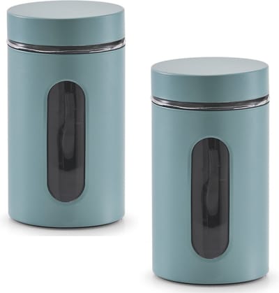 Zeller Voorraadpot - 2x - met venster - eucalyptus groen - 900 ml - D10 x H18 cm