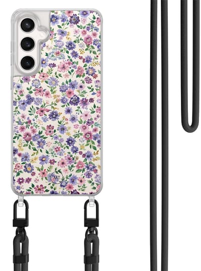 Hoesje met koord geschikt voor Samsung Galaxy S24 FE - Paarse bloemen - Inclusief Zwart koord - Crossbody beschermhoes - Transparant, Paars - Mooie Telefoonhoesjes