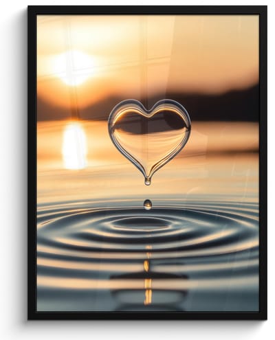 Poster in lijst - Fotolijst 50x70 cm - Posters - Hart - Water - Zonsondergang - Natuur - Zen - Posterlijst zwart - Decoratie - Wanddecoratie woonkamer - Muurdecoratie slaapkamer