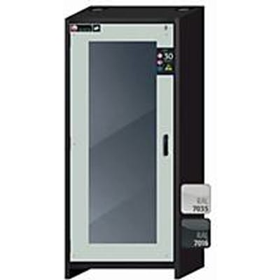 Veiligheidskast type 30 asecos Q-DISPLAY-30, scharnierende deur met glasuitsparing, linkshandig scharnier, front lichtgrijs, B 864 x D 620 x H 1947 mm