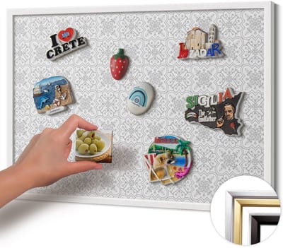 Wallfluent - Grijs Magneetbord met Ontwerpen - 60 cm x 40 cm - Magneetbord met Witte Frame - Regelmatig ornamentpatroon - Magnetisch Bord Rechthoekig - Magneetbord met Effen Frame - Magnetisch Bord voor aan de Wand