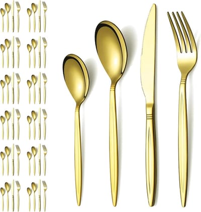 Gouden Bestekset van 48 Stukken voor 12 Personen, Roestvrijstalen Bestek, Ideaal voor Bruiloften, Feesten en Diner, Vaatwasserbestendig