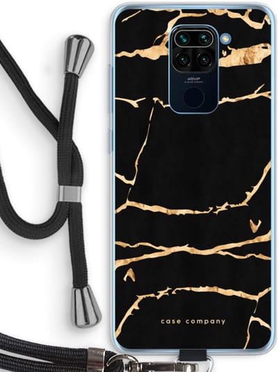 Case Company® - Hoesje met koord geschikt voor Xiaomi Redmi Note 9 hoesje met Koord - Gouden marmer - Telefoonhoesje met Zwart Koord - Bescherming aan alle Kanten en Over de Schermrand