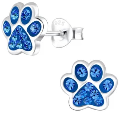 Joy|S - Zilveren kat hond dieren poot oorbellen - 8 mm - kristal blauw - dierenpoot
