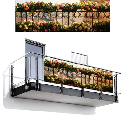 Balkonscherm 300x100 cm - Balkonposter Bloemen - Hek - Stadszicht - Zomer - Balkon scherm decoratie - Balkonschermen - Balkondoek zonnescherm