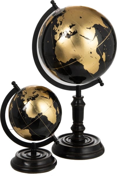 J-Line wereldbol Op Voet - hout - zwart/goud - medium