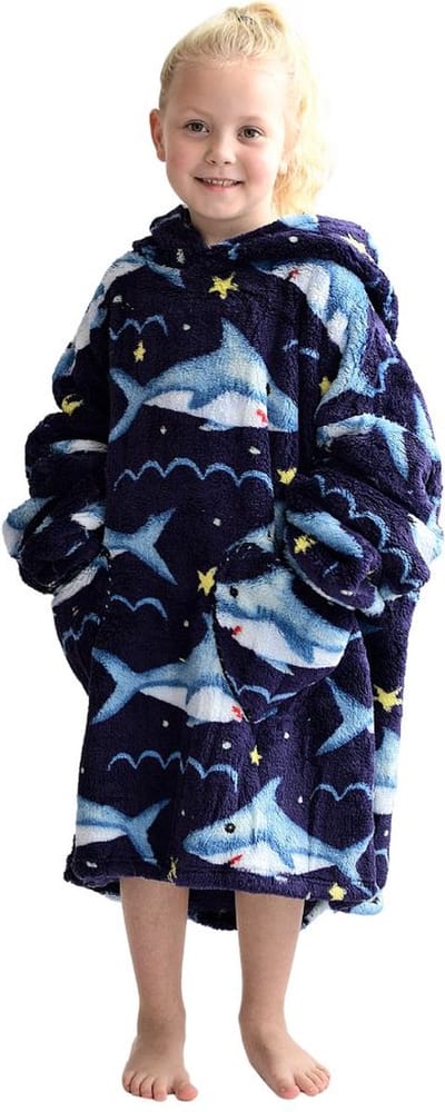 Haai fleece hoodie deken met mouwen kind – fleece poncho kind – Draagbare deken - plaid met mouwen - maat 128/152 – lengte 75 cm - chillen – Warm & zacht – relax outfit kids – zwart - Badrock