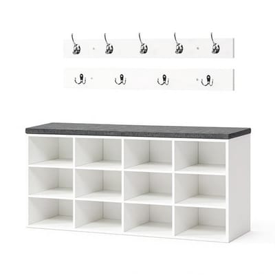 Kledingkast Schoenrek Set, Schoenbank met 12 Vakken, Schoenrek met Bekleding, Wandkledingkast met 9 Haken-Wit