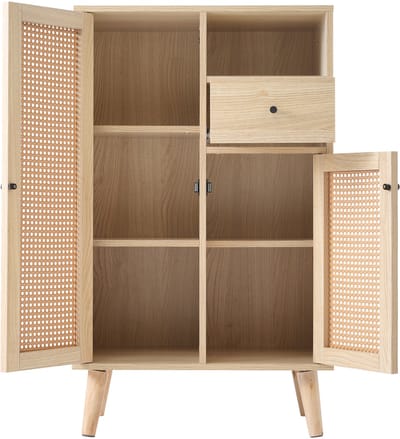 Zijkastje - Dressoir met Houtlook – 2 Rotan Deuren – 1 lade – Hoekmeubel - Ladekast – Vrijstaand Opbergmeubel/Dressoir met veel Opbergruimte – 60 x 40 x 101 cm