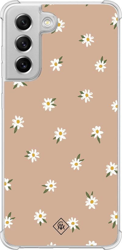 Casimoda® hoesje - Geschikt voor Samsung Galaxy S21 FE - Sweet Daisies - Shockproof case - Extra sterk - Siliconen/TPU - Bruin/beige, Transparant