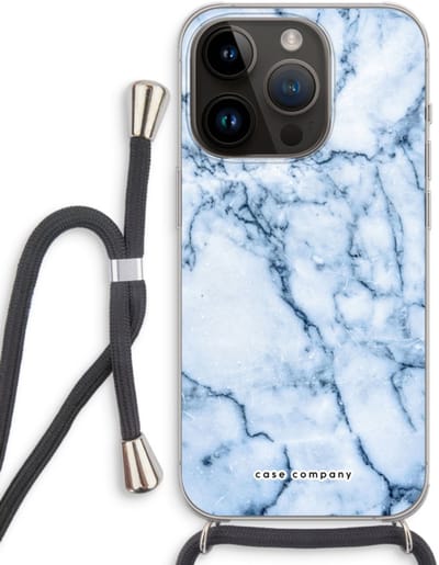 Case Company® - Hoesje met koord geschikt voor iPhone 14 Pro hoesje met Koord - Blauw marmer - Telefoonhoesje met Zwart Koord - Bescherming aan alle Kanten en Over de Schermrand
