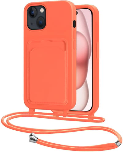 Hoes Geschikt voor iPhone 15 Plus Hoesje Pasjeshouder Cover Met Koord Case Siliconen Hoes Met Telefoonkoord en Kaarthouder - Papaya