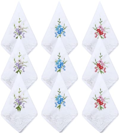 Dailygoods- Hoofddoek 9 Stuks - Vintage Kanten Doeken - Zacht Katoen - Bloemenborduurwerk - 28 x 28 cm - Bruiloftsfeest - Bandana