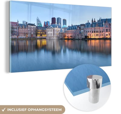 MuchoWow® Glasschilderij 40x20 cm - Schilderij acrylglas - Den Haag - Politiek - Water - Foto op glas - Schilderijen