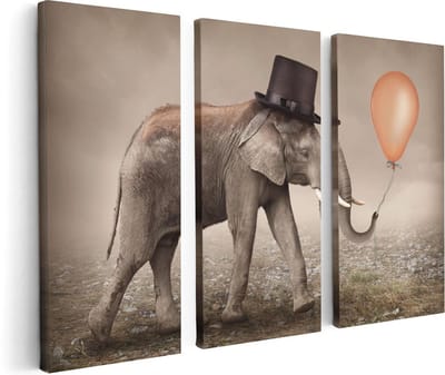 Artaza Canvas Schilderij Drieluik Olifant Met Een Oranje Ballon - Hoedje - 120x80 - Foto Op Canvas - Canvas Print