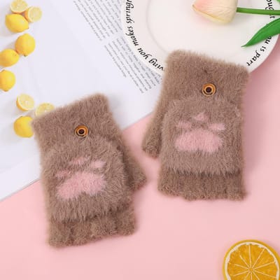 Verdikken Dames Warme Kattenhandschoenen Mode Meisjes Kattenklauw Poot Pluche Wanten Zacht Pluche Korte Vingerloze Halve Vinger Winterhandschoenen