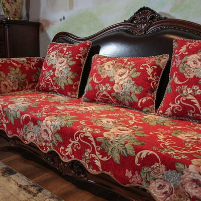 Geborduurde Bankhoes met Onregelmatige Rand Chenille Antislip Bankhanddoek Kussensloop Europese Stijl Rood Groen Bankkussen met Zoom 90x90cm 1pcs