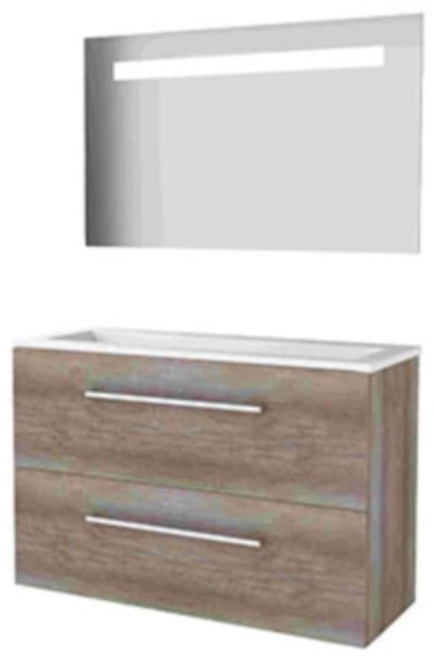 Basic-Line Economic 39 Badkamermeubelset - Ondiep - 100 x 39 cm - Met Grepen - 2 Lades - Acryl Wastafel - Zonder Kraangat - Spiegel met LED Verlichting - Scotch Oak