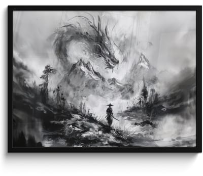 Poster in lijst - Fotolijst 80x60 cm - Posters - Krijger - Draak - Grijs - Posterlijst zwart - Decoratie - Wanddecoratie woonkamer - Muurdecoratie slaapkamer
