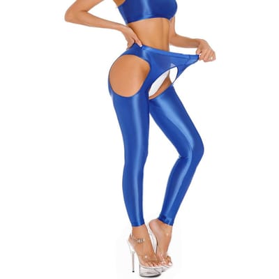 Sexy Satin Olie Glanzend Strakke Potloodbroek Elastisch Uitgesneden Strak Doorzichtig Leggings Dans Snoepkleurige Maillot XL blue